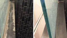 before and after photos of a shower with black tiles on the walls, left to right