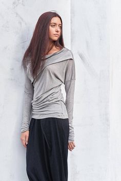 Asymmetrical Top / Drape Wool Top / Casual Long Sleeved Top/ Wrap Off Shoulder Top/ Heather Gray Blouse by Arya Sense / TDFLD17LG Versatile Draped Tops For Spring, Fitted Gray Asymmetrical Top, Fitted Asymmetrical Gray Top, Gray Fitted Asymmetrical Top, Versatile Foldover Top For Layering, Asymmetrical Tops For Fall Layering, Asymmetrical Tops For Layering In Fall, Stretch Draped Tops, Asymmetrical Gray Top For Fall