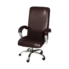 an office chair with wheels on the back and armrests, in dark brown leather