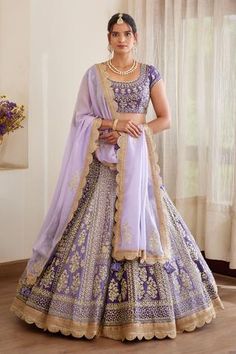 Shop for Shyam Narayan Prasad Purple Raw Silk Floral Embroidered Lehenga Set for Women Online at Aza Fashions Sheer Dupatta, Purple Lehenga, Chic Prom Dresses, Unique Bridesmaid Dresses, Wedding Lehenga Designs, Embroidered Lehenga, Mauve Purple, Indian Bridal Outfits, Scallop Trim