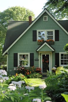 a green house with black shutters and flowers in the front yard on a sunny day