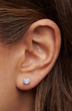 Round brilliant-cut diamonds sparkle in timeless studs designed with a three-prong martini setting that fits close to the ear for the illusion of floating gems. 1/4" diameter Post back Total diamond weight: 1.20ct. Color: H–I Clarity: SI Platinum/diamond Made in the USA of imported materials >Diamond Guide Real Diamond Stud Earrings, 1ct Diamond Earrings, Hoco 2024, Martini Set, 2024 Ideas, Diamond Guide, Diamond Stud Earrings, Diamond Stud, Round Brilliant Cut Diamond