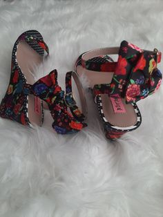 Betsey Johnson Black Floral Sandals - Urban Pearls NC Multicolor Fabric Open Toe Heels, Multicolor High Heel Fabric Sandals, Party Fabric Wedge Heels, Multicolor Fabric Sandals For Party, Multicolor Fabric Party Sandals, Polka Dot Heels For Summer Party, Multicolor Open Toe Fabric Sandals, Chic Fabric Wedge Heel Sandals, Black Open Toe Fabric Sandals