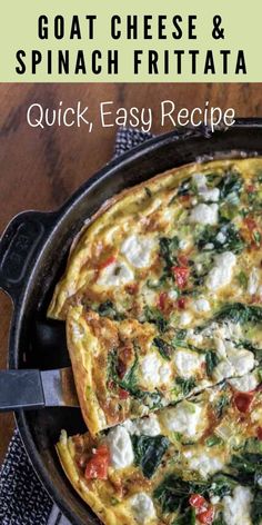 an omelet with goat cheese and spinach frittata in a cast iron skillet