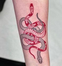 a red and black snake tattoo on the arm