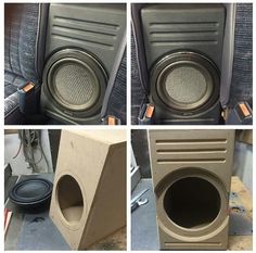 four different views of the same subwoofer in their enclosures, and one showing its front door open