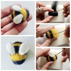 four pictures show how to make a felt bee ornament with scissors and yarn