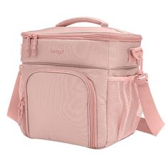 a pink lunch bag with mesh handles