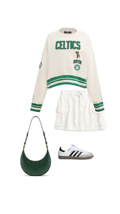 St patrick’s day outfit inspo, st patty’s day outfits, spring fashion, mini skirt, adidas samba outfit, sweater outfit, black purse, game day oufit, celtics outfit, spring outfit, cargo skirt, utility skirt, sneakers skirt outfit Celtics Outfit, Boston Celtics Outfit, Skirt Sneakers, Adidas Samba Outfit, Sports Outfits, Purse Game