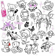 an image of various cartoon animals on a white background with pink lettering and black ink