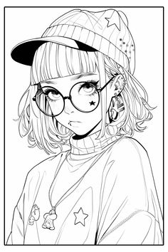 a drawing of a girl with glasses and a hat