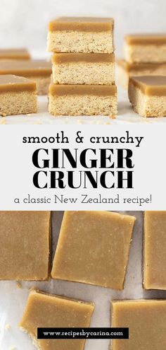 a close up of some food on a white surface with the words smooth and crunchy ginger crunch