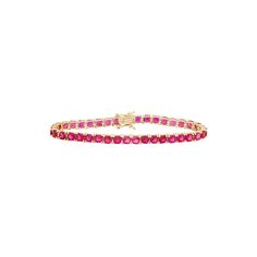 Featuring eye-catching lab-created ruby gemstones, this 14k gold over sterling silver tennis bracelet offers sophisticated style.BRACELET DETAILSLength: 7.25 in. Clasp: boxMetal: 14k gold over sterling silverSTONE DETAILSStone type: lab-created rubyTotal weight: 9 3/4 ct. Shape: cushion cutSetting: prong Size: 7.25". Gender: female. Age Group: adult. Ruby Gemstone Tennis Bracelet, Classic Ruby Gemstone Tennis Bracelet, Classic Ruby Tennis Bracelet For Anniversary, Red Round Tennis Bracelet For Formal Occasions, Ruby Gemstone Tennis Bracelet In Fine Jewelry Style, Ruby Tennis Bracelet In Yellow Gold For Anniversary, Anniversary Ruby Tennis Bracelet In Yellow Gold, Yellow Gold Ruby Tennis Bracelet For Anniversary, Classic Ruby Tennis Bracelet With Jubilee Design