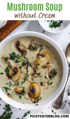 mushroom soup with cream in a white bowl