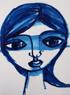 a drawing of a woman's face with blue lines on her hair and eyes