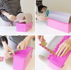 the process of making a pink and white polka dot gift box