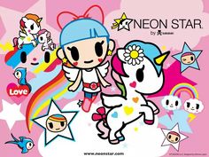 an image of cartoon characters with stars and unicorns in the background on a pink background