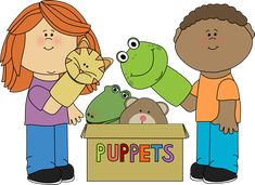 two children are playing with stuffed animals in a cardboard box that says puppies on it