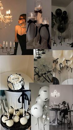 a collage of black and white photos with balloons, candles, cake, chandelier