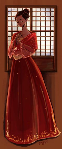 a painting of a woman in a red dress looking out the window with her hand on her heart