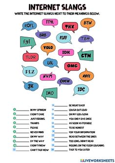 the internet slings poster with different types of speech bubbles and words on it's side