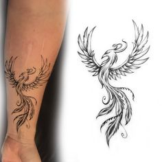 a tattoo design on the left arm and an image of a bird with wings on it