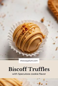 a close up of a cookie with peanut butter on it and the words biscoff truffles