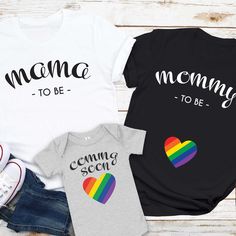 three shirts with the words mama to be, mommy to be and coming soon on them