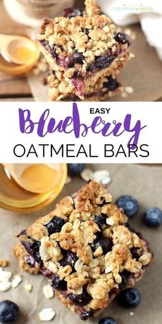 blueberry oatmeal bars stacked on top of each other with the words easy blueberry oatmeal bars