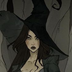 a drawing of a woman wearing a witches hat