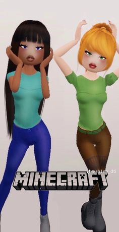 two animated women standing next to each other in front of a white background with the words minecraft on it