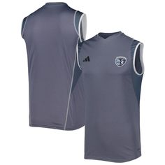 Your Sporting Kansas City work hard, but this training jersey from adidas helps you work harder. Along with AEROREADY performance technology to keep you dry and comfortable, the breathable sleeveless design helps you hone your skills  even in the blistering heat. Finally, the bold Sporting Kansas City graphics on the chest and jersey-like design get you looking like you're part of the squad. Training Jersey Officially licensed Sleeveless AEROREADY technology absorbs moisture and makes you feel d College Soccer, Sporting Kansas City, Football Field, Grey Adidas, Design Help, Hats For Sale, Soccer Jersey, Adidas Men, Kansas City