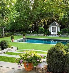 a backyard with a pool surrounded by trees and flowers in the foreground is shown