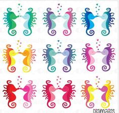 the silhouettes of seahorses with hearts in their tails are painted rainbow colors