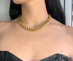 "Gold chain Necklace, Chain Necklace, Chain link choker, Thick Necklace, Gold chain Necklace for a women, Gold chain Necklace for a women Gold plated chain Necklace for a more classy and killing look ! Gold plated Statement Necklace I Just love this LOOK Offered in 16, 17, 18, 19 or 20\" lengths. During checkout select the length you want (In the photo the length is 16\"). This Choker necklace is perfect as a gift for a woman, girlfriend, Valentine's Day and i will recommend to take one for your Gift Chain Necklace Choker, Gift Chain Strap Choker Necklace, Women Gold Chain, Suede Choker Necklace, O Ring Choker, Thick Necklace, Black Choker Necklace, Silver Choker Necklace, Boho Choker