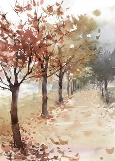 watercolor painting of trees and leaves in the fall