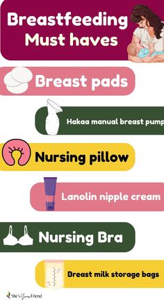 an infographic that says breastfeeding must haves breast pads Hakaa manual breast pump nursing pillow lanolin nipple cream nursing bra breast milk storage bags. Nursing Tops Breastfeeding, Breastfeeding Mom, Accessories To Make, Prenatal Vitamins