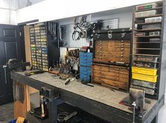 a workbench with many drawers and tools