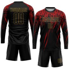 a black and red soccer uniform with the name team name 00 printed on it's chest