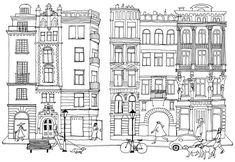 a black and white drawing of buildings with people riding bikes on the street in front of them