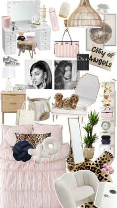 a collage of pink and white items including a bed, chair, desk, mirror and other things