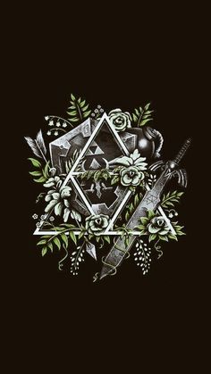 a black background with an artistic design and flowers on the bottom right corner is a white triangle, surrounded by green leaves