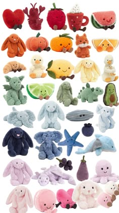 many different stuffed animals are shown together