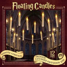 the front cover of floating candles, featuring lit candles in an old church with gold ribbon