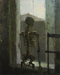 a painting of a skeleton sitting in front of a window