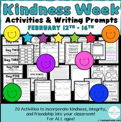 a poster that says kindness week activities and writing prompts with smiley faces on it