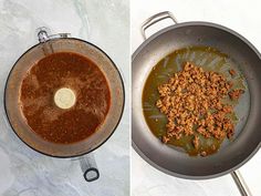 two pictures side by side one with sauce and the other with ground meat in it