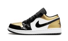 The Air Jordan 1 Low “Gold Toe” is a special release of the low-top Jordan 1 that borrows a popular colorway from the original high-top. The metallic gold, white, and black patent leather construction that first appeared on the Jordan 1 High in 2018 is mirrored on this Jordan 1 Low from 2019. Unlike the high-top’s asymmetrical color blocking, this low features the same look on the lateral and medial sides. Each pair is completed with a tonal Jumpman logo embroidered on the tongue and the classic Jordan Low, Jordan 1 Black, Jordan Yeezy, Low Top Jordans, Air Jordan 1 Low, Kids Jordans, Jordan 1 High, Jordan 1 Low, Jordan 1 Mid