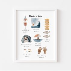 a white framed poster with images of different things on it