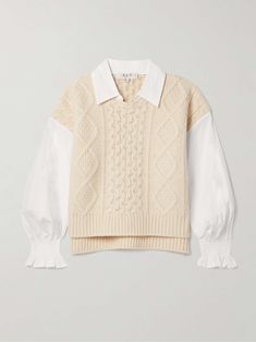 Shop SEA Devana cable-knit wool-blend and cotton-poplin sweater, Explore the latest SEA women's collection today on NET A PORTER Poplin Sweater, Sea Clothes, Simplicity Fashion, Stylish Winter Outfits, Exclusive Dress, Clothes Collection, Knitwear Women, Cotton Poplin, Sweater Vest